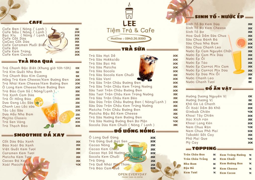 Menu LE.E Tiệm trà & Cafe
